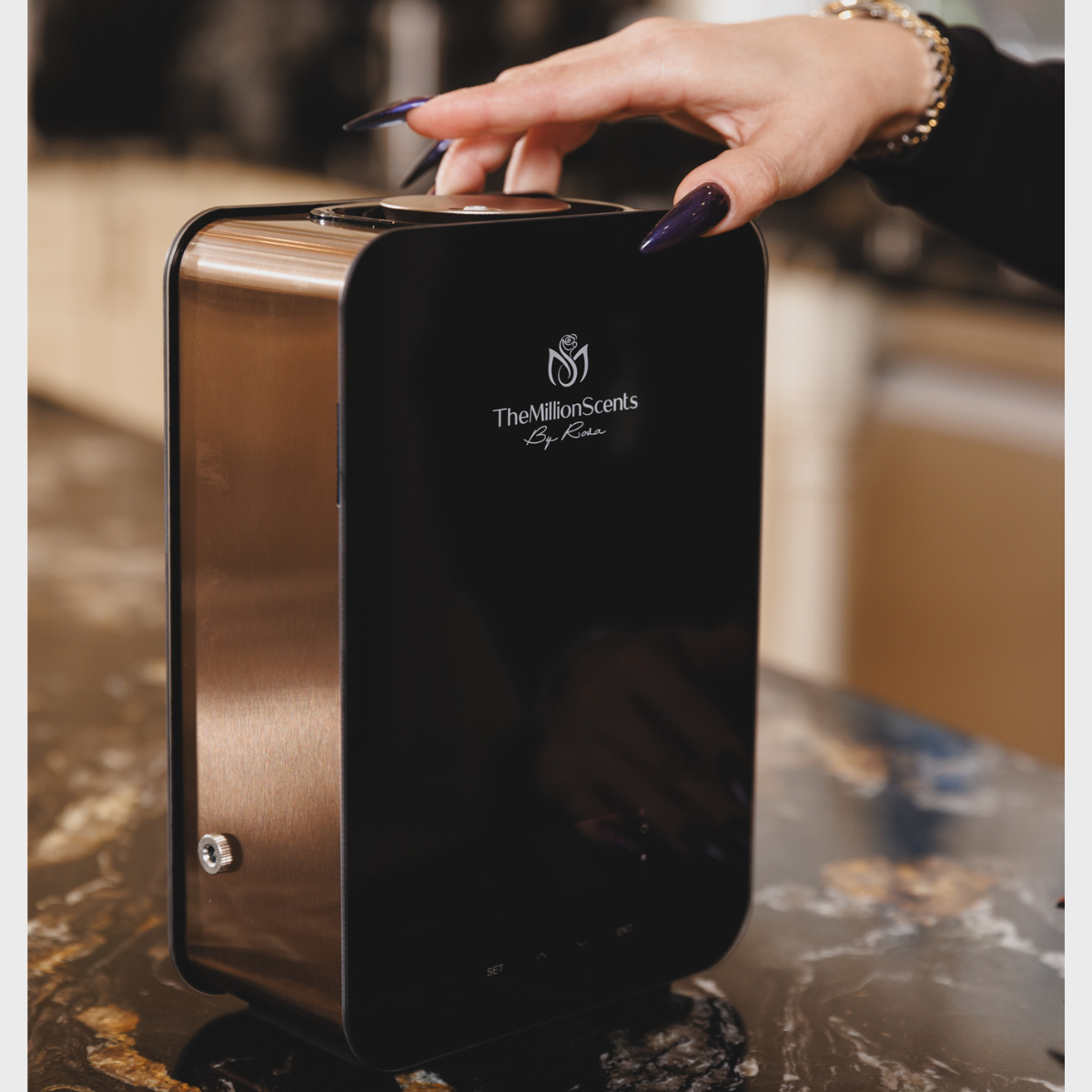 Introducing the Luxury MiniTower Diffuser. Wave goodbye to outdated candles, traditional flower arrangements, and messy incense simmering pots. Seamlessly infuse your home or business with luxury fragrance using our essential oil diffusers, scent diffusers, and oil diffusers. Elevate your space with our diffuser for home, best home diffuser, hotel collection diffuser, and fragrance diffuser collections. (side)